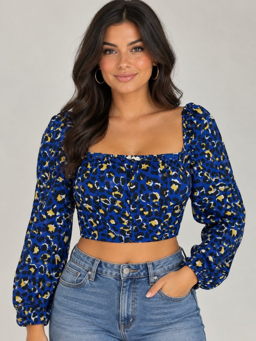 Riha Blue Leopard Print Puff Sleeve Crop Top - Picture 1 of 8